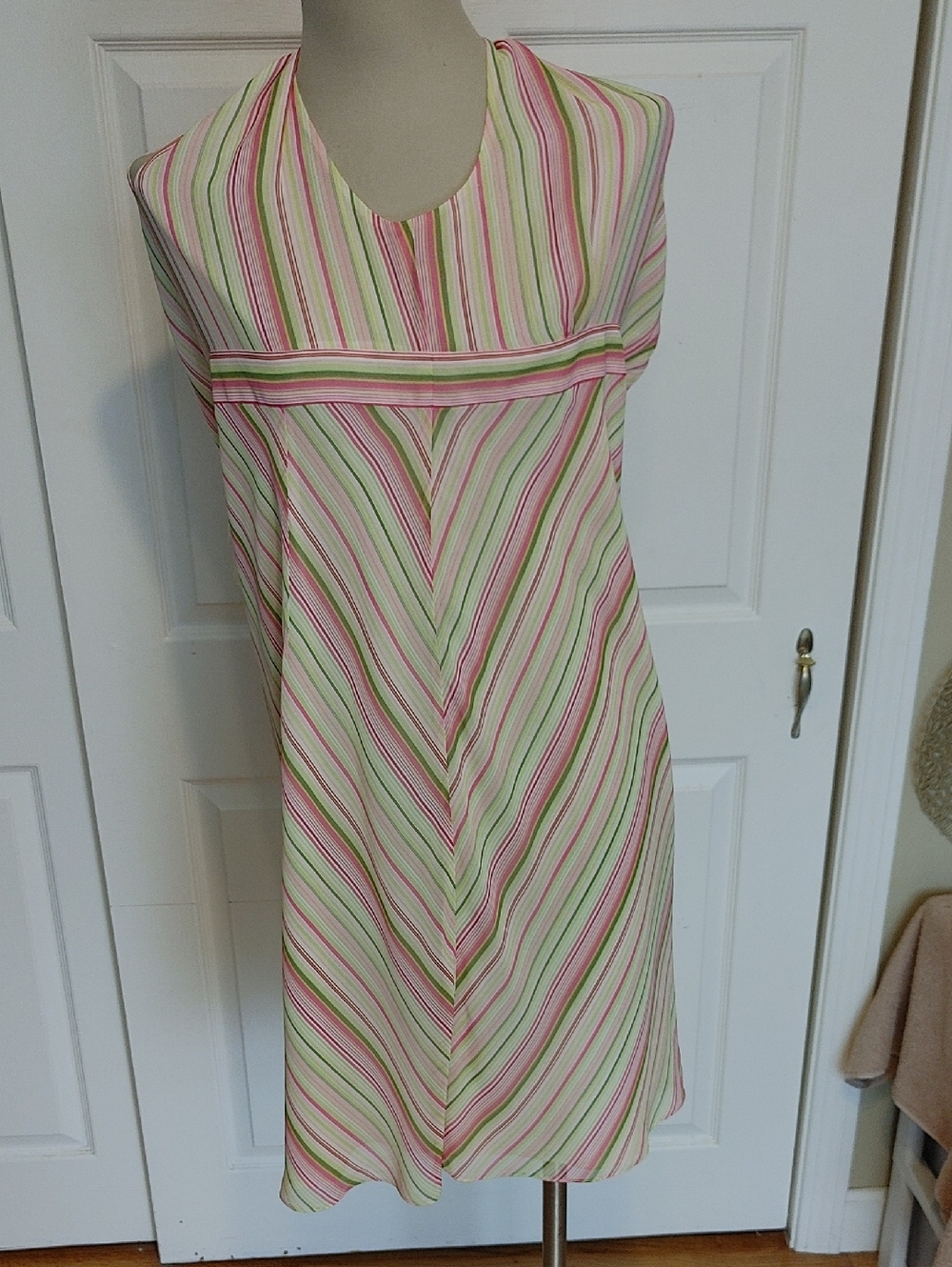 Ann Taylor Pink, Green and Cream Striped Sleeveless Shift Dress
